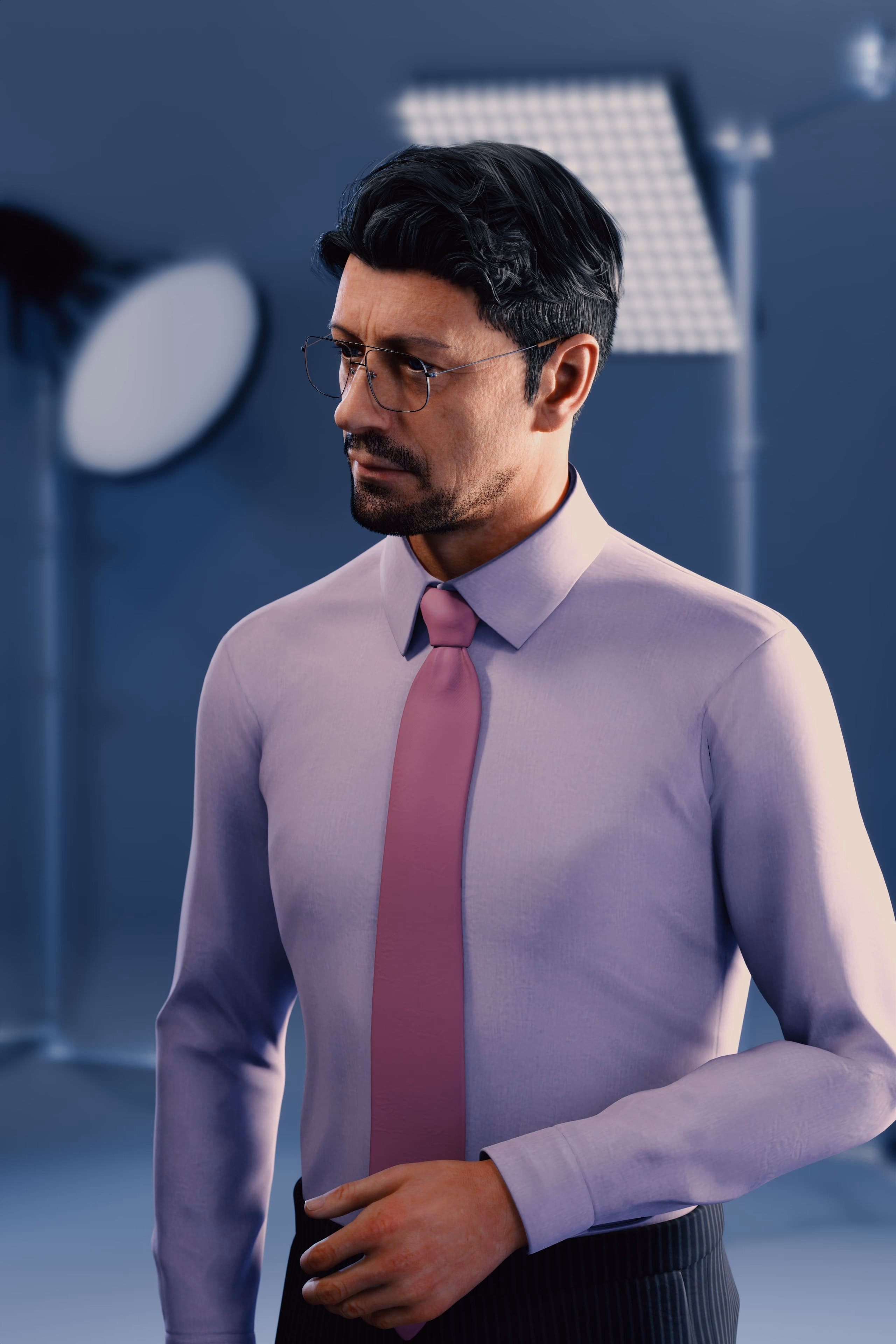 Prévisualisation 3D d’un plan rapproché : homme en chemise rose et cravate, éclairé par une softbox