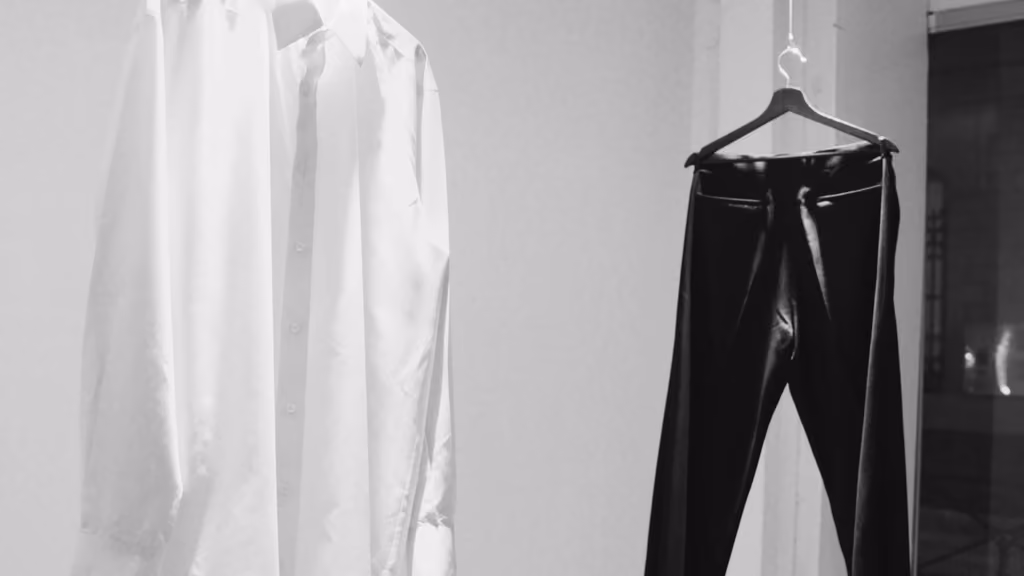 Chemises blanches et pantalon en cuir noir suspendus, pièces de la collection WG11 de Stephan Bach