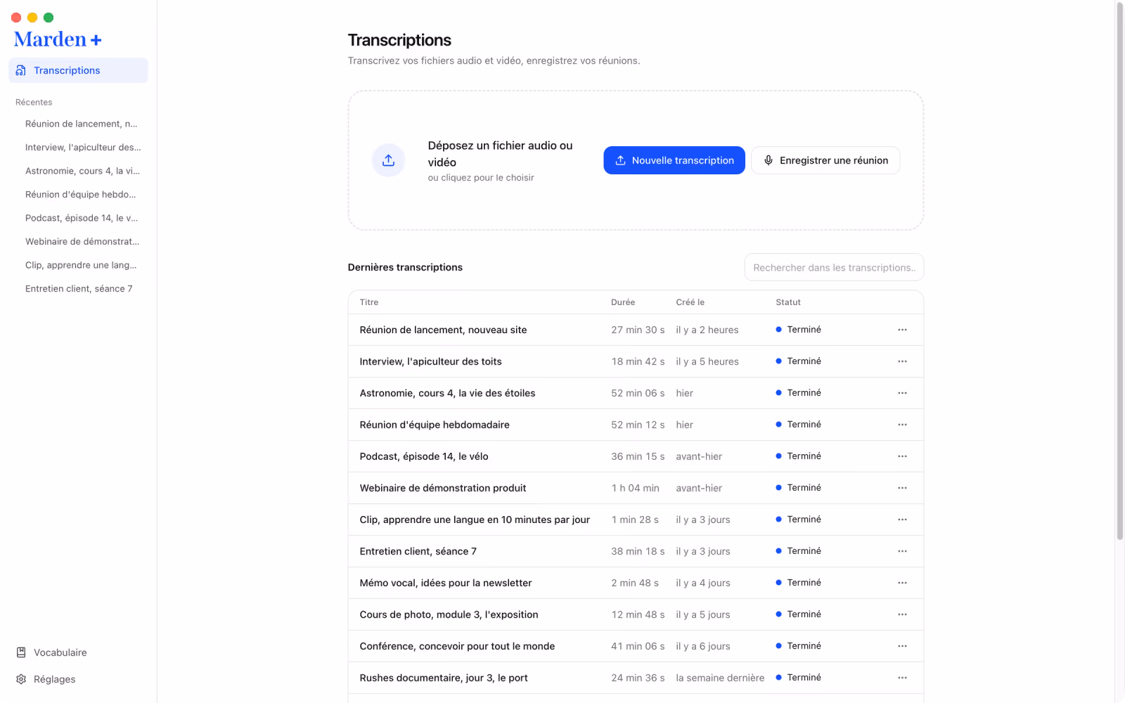L’accueil de Marden : déposer un fichier audio ou vidéo, ou enregistrer une réunion, puis la liste des dernières transcriptions.