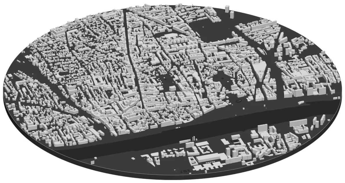 Carte en 3D du centre d’Asnières-sur-Seine et de la Seine, chaque bâtiment à sa hauteur