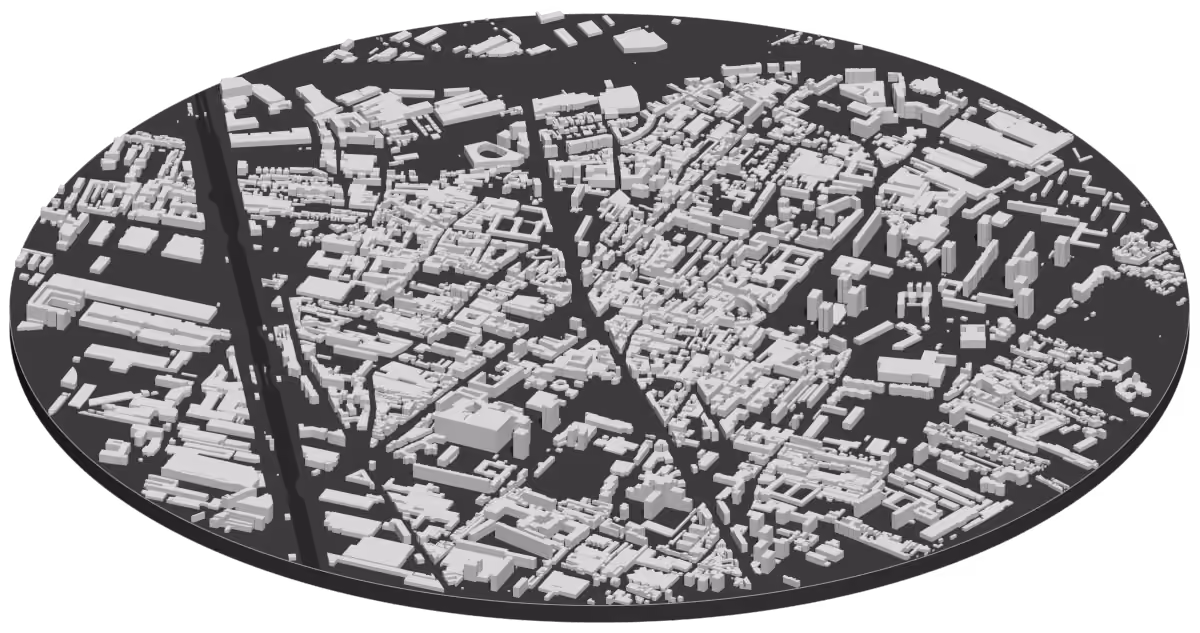 Carte en 3D du centre d’Aubervilliers et du canal Saint-Denis, chaque bâtiment à sa hauteur