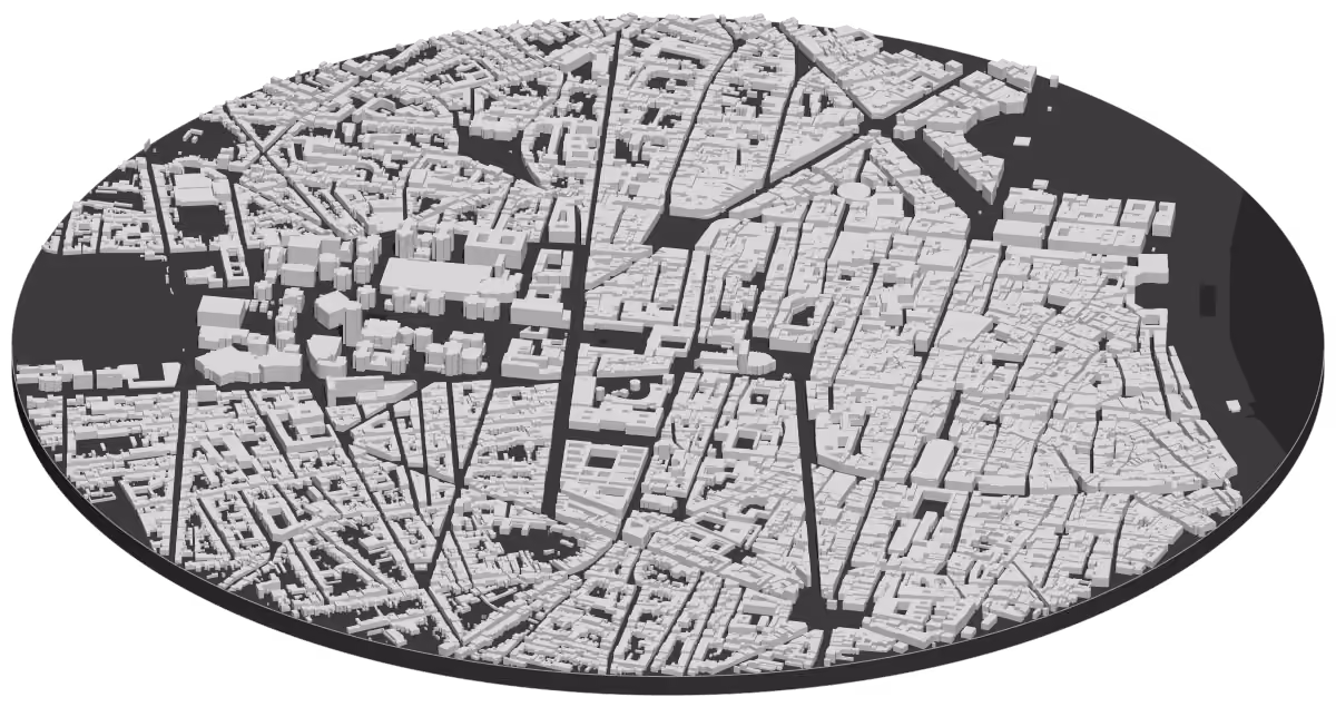 Carte en 3D du centre de Bordeaux et des quais de la Garonne, chaque bâtiment à sa hauteur