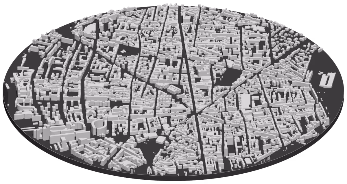 Carte en 3D du centre de Boulogne-Billancourt et de ses grandes avenues, chaque bâtiment à sa hauteur