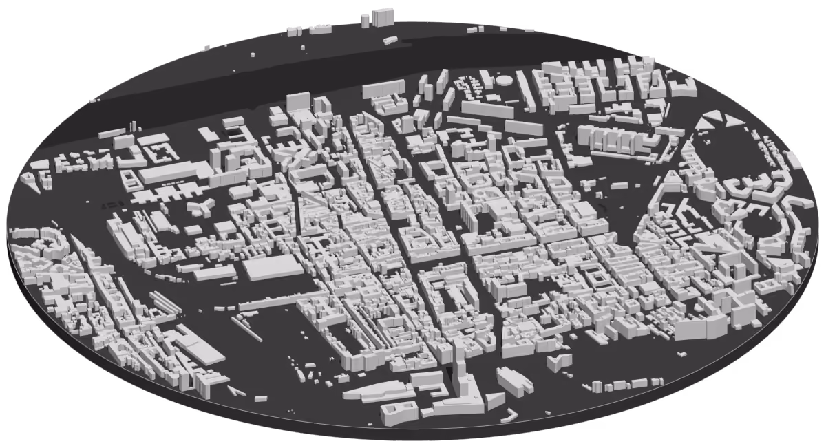 Carte en 3D du centre de Clichy, chaque bâtiment à sa hauteur
