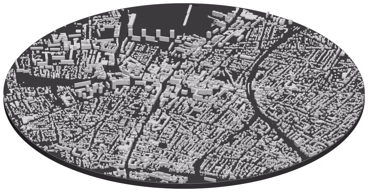Carte en 3D du centre de Colombes, chaque bâtiment à sa hauteur