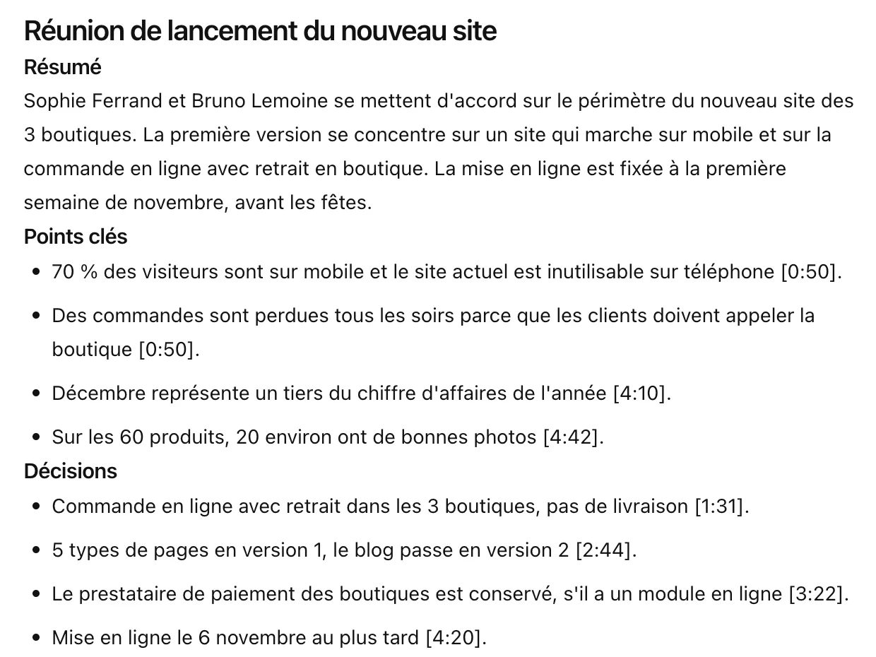 Le compte rendu d’une réunion dans Marden : le résumé, puis les points clés.