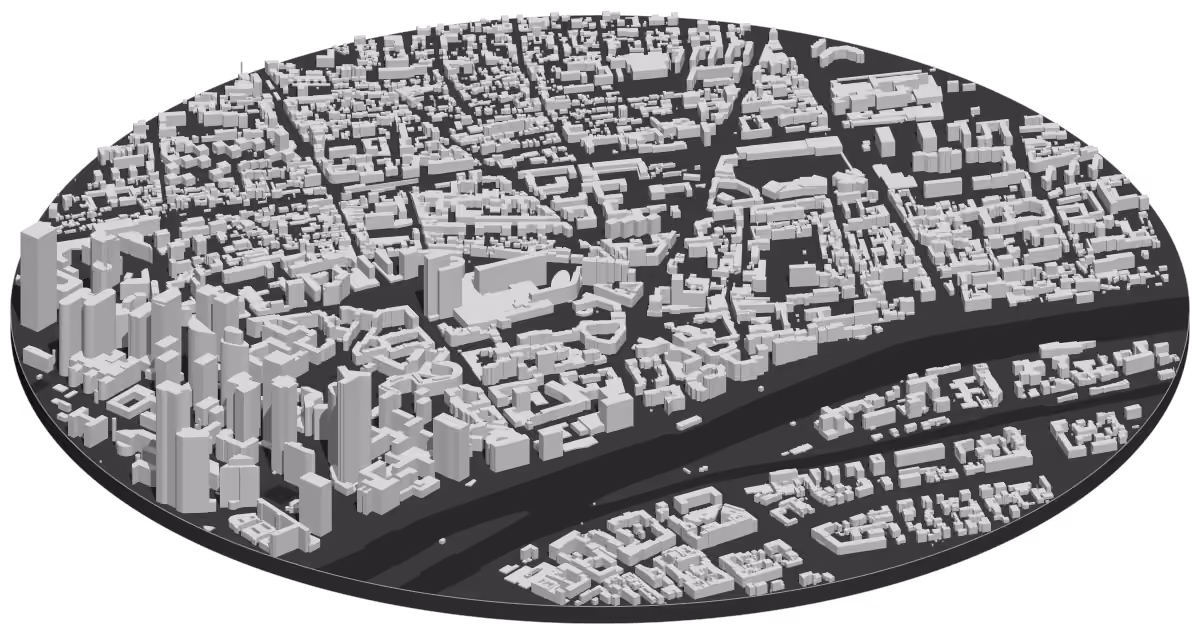 Carte en 3D du centre de Courbevoie et des premières tours de La Défense, chaque bâtiment à sa hauteur