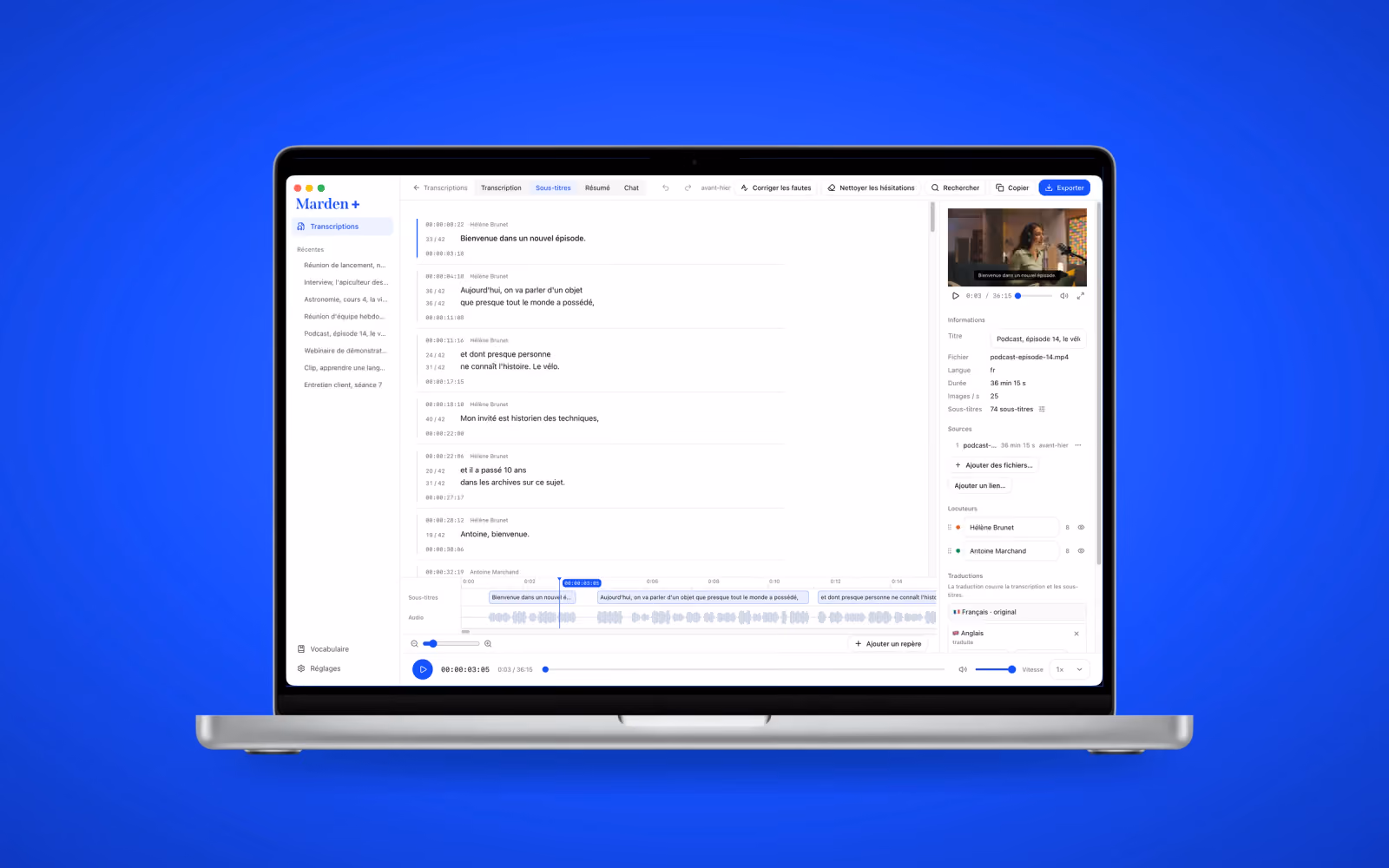 Marden sur un MacBook : les sous-titres d’un podcast, chacun avec son minutage, à côté de l’aperçu de la vidéo sous-titrée.