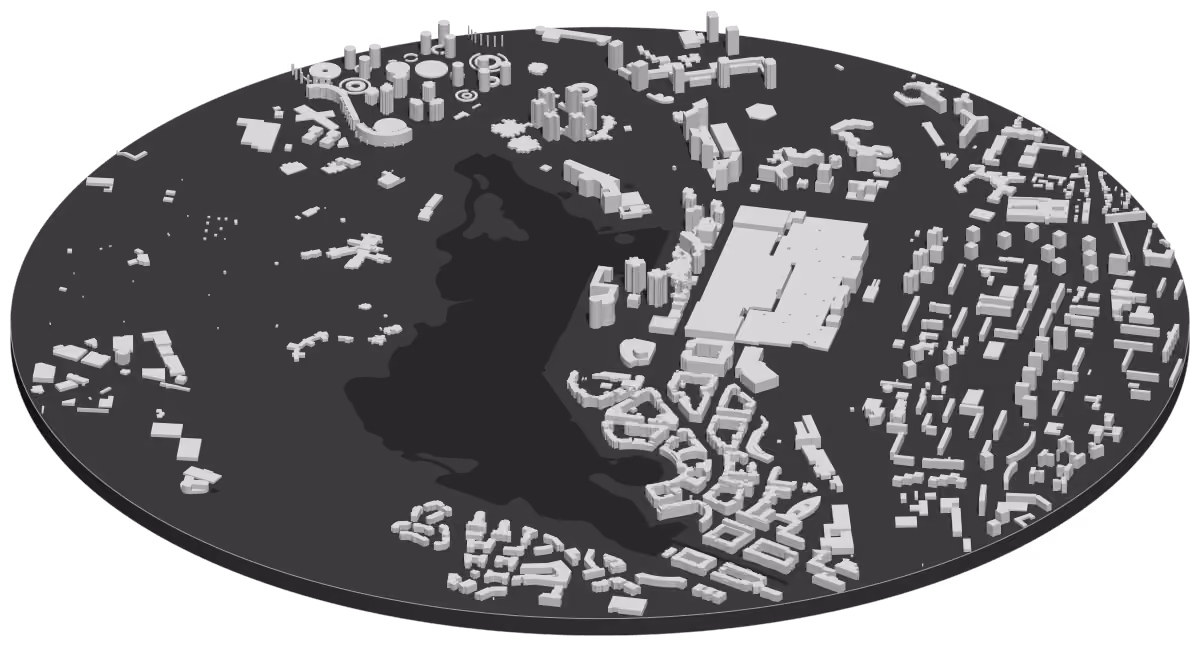 Carte en 3D du centre de Créteil et de son lac, chaque bâtiment à sa hauteur