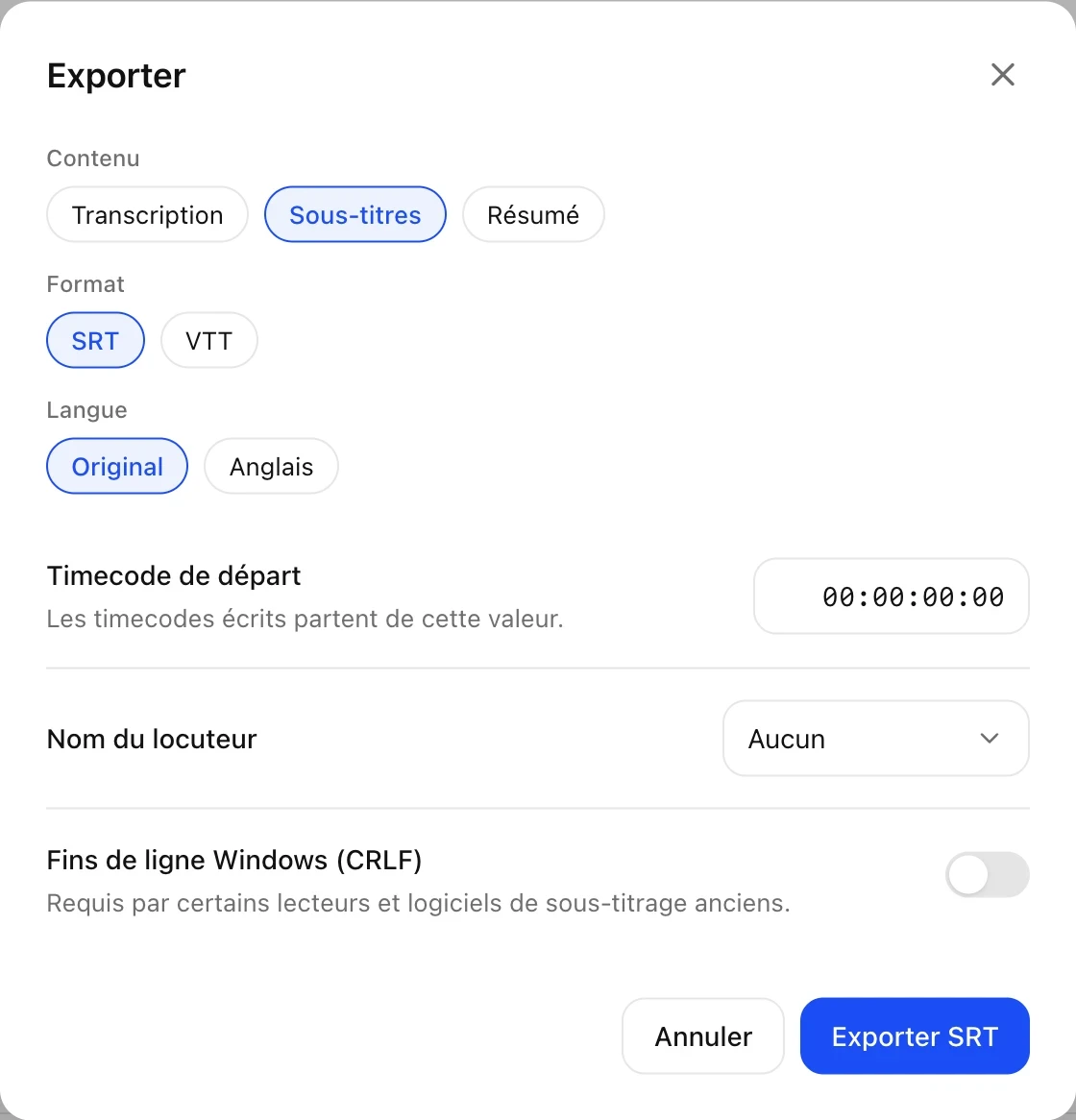 La fenêtre d’export des sous-titres de Marden, en SRT ou en VTT, dans la langue d’origine ou traduits.
