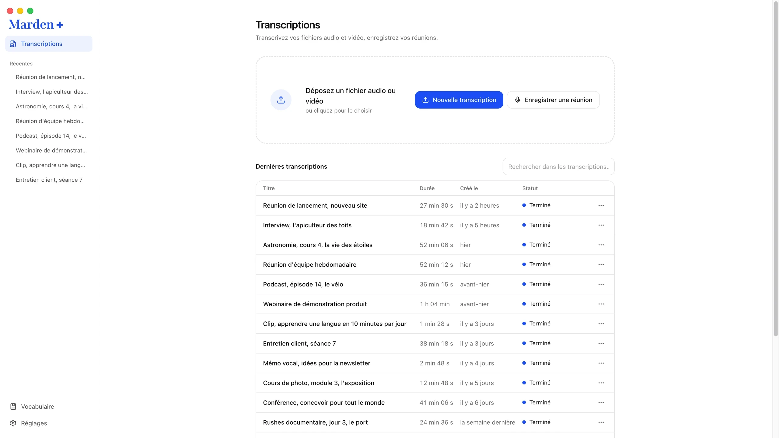 L’accueil de Marden : déposer un fichier audio ou vidéo, ou enregistrer une réunion, et la liste des dernières transcriptions.