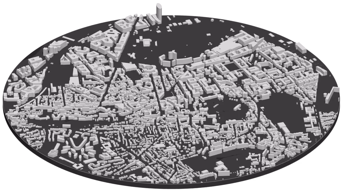 Carte en 3D du centre d’Issy-les-Moulineaux, chaque bâtiment à sa hauteur
