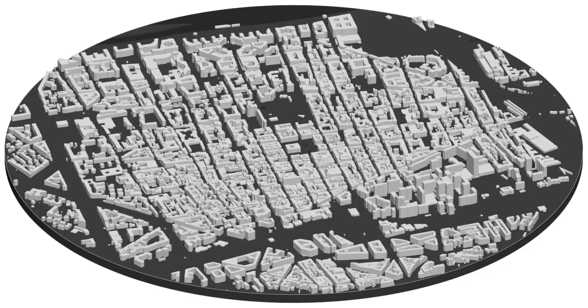 Carte en 3D du centre de Levallois-Perret et de son quadrillage de rues, chaque bâtiment à sa hauteur