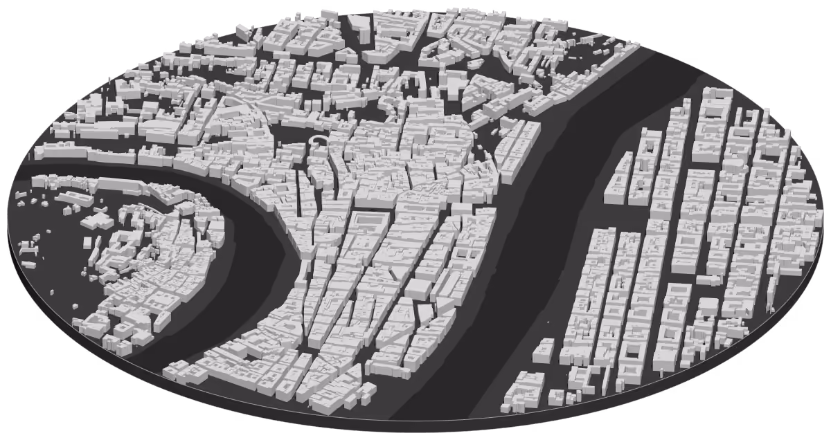 Carte en 3D du centre de Lyon : la Presqu’île entre la Saône et le Rhône, chaque bâtiment à sa hauteur