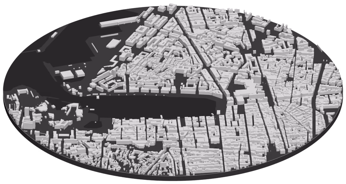 Carte en 3D du centre de Marseille autour du Vieux-Port, chaque bâtiment à sa hauteur