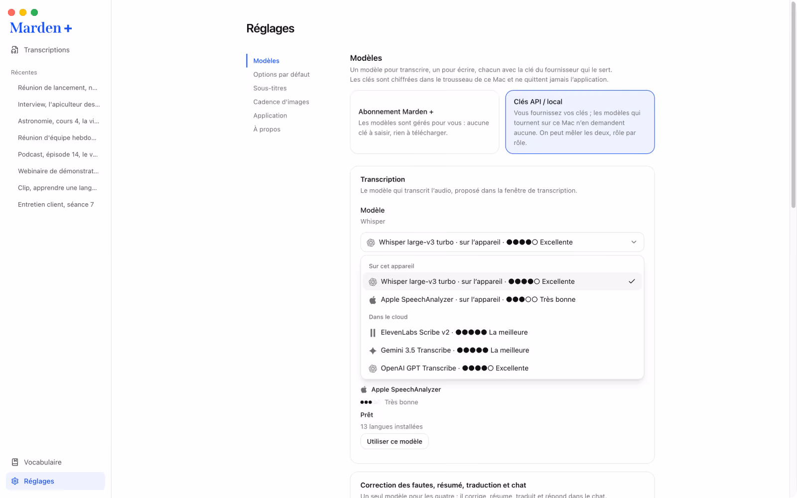 Les réglages de Marden : le choix du modèle de transcription, avec les modèles qui tournent sur l’appareil et ceux du cloud.