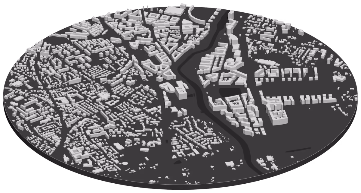 Carte en 3D de Montpellier autour du Lez et du quartier de la mairie, chaque bâtiment à sa hauteur