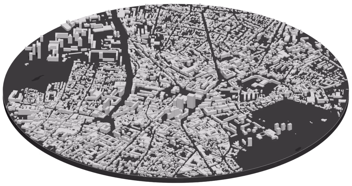 Carte en 3D du centre de Montreuil, de ses rues et de ses ateliers, chaque bâtiment à sa hauteur
