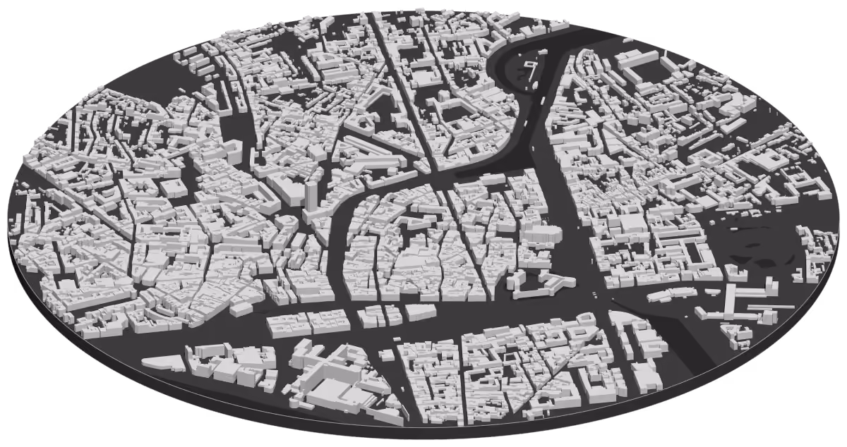 Carte en 3D du centre de Nantes et des bras de la Loire, chaque bâtiment à sa hauteur