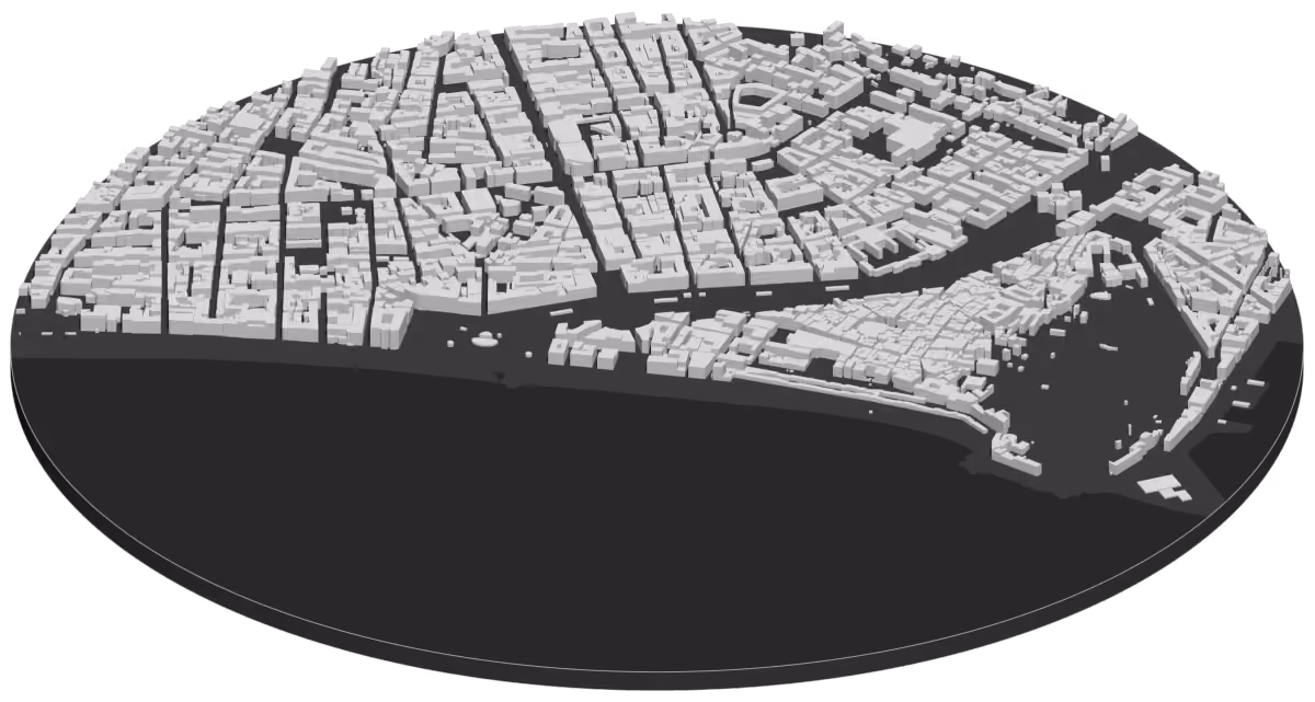 Carte en 3D du centre de Nice, du Vieux-Nice et du bord de mer, chaque bâtiment à sa hauteur