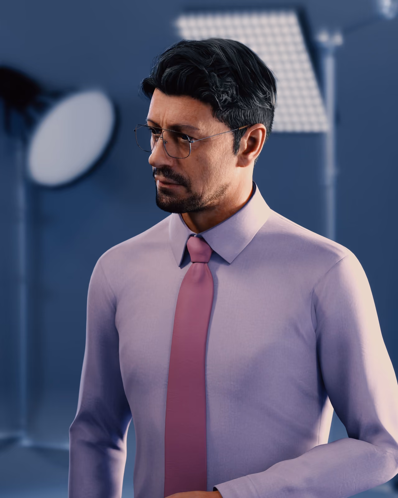 Prévisualisation 3D d’un plan rapproché : homme en chemise rose et cravate, éclairé par une softbox