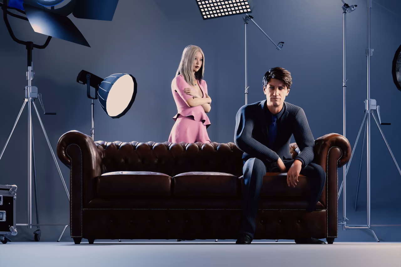 Prévisualisation 3D d’un plateau : deux personnages sur un canapé Chesterfield, entourés de projecteurs