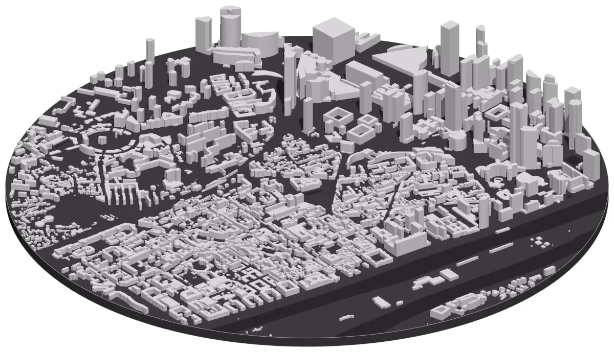 Carte en 3D du centre de Puteaux et des tours de La Défense, chaque bâtiment à sa hauteur