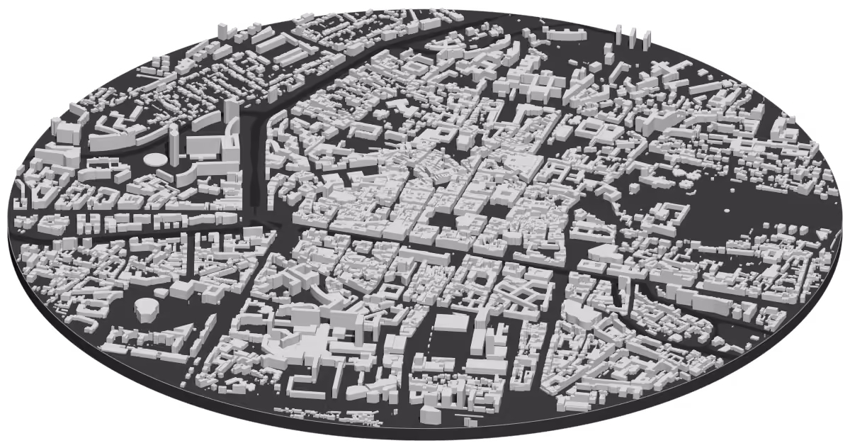 Carte en 3D du centre de Rennes et de la Vilaine, chaque bâtiment à sa hauteur