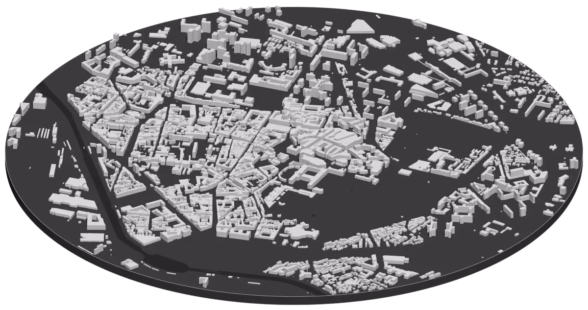 Carte en 3D du centre de Saint-Denis autour de la basilique, chaque bâtiment à sa hauteur