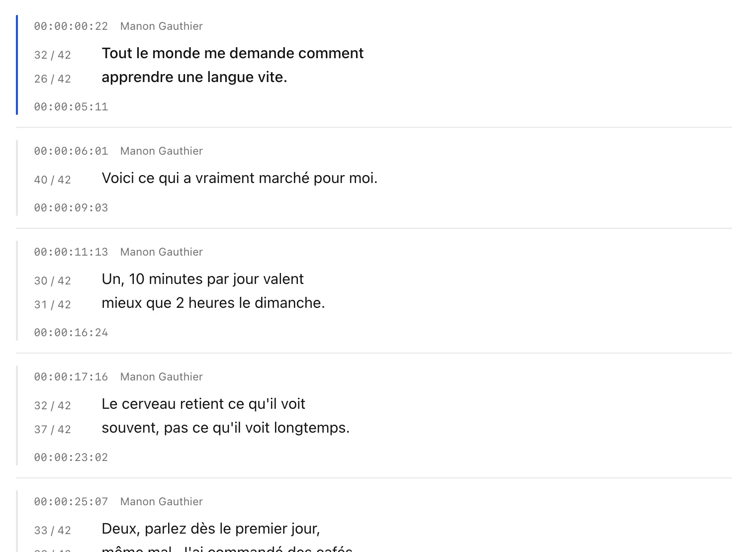 Les sous-titres d’une vidéo dans Marden, chacun avec son minutage et son nombre de caractères par ligne.