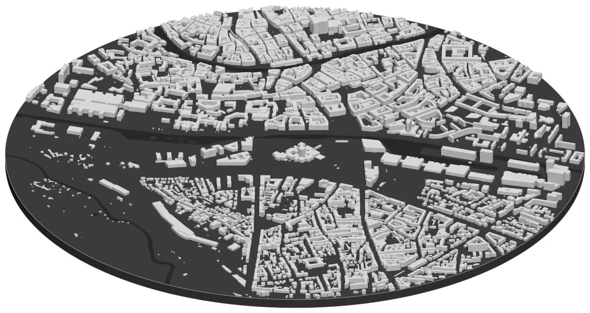 Carte en 3D de la Grande Île de Strasbourg et de l’Ill, chaque bâtiment à sa hauteur