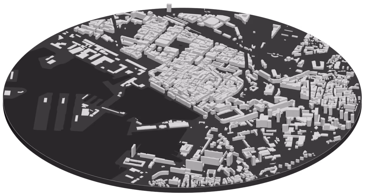Carte en 3D du centre de Toulon et de la rade, chaque bâtiment à sa hauteur