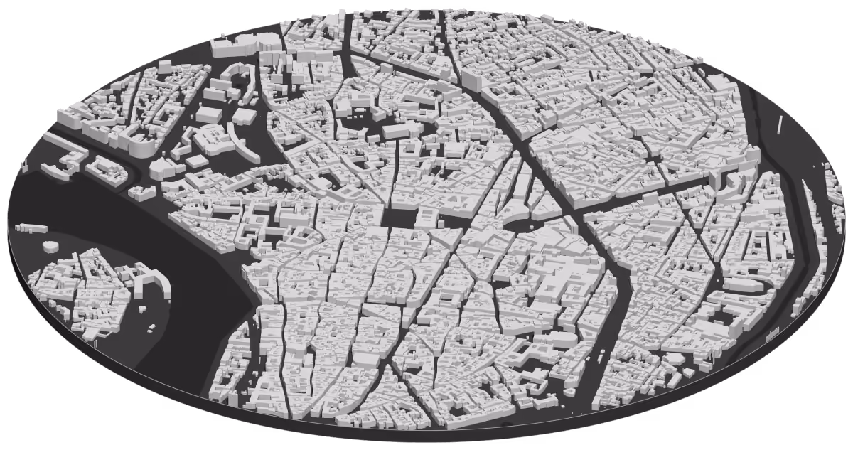 Carte en 3D du centre de Toulouse et de la Garonne, chaque bâtiment à sa hauteur