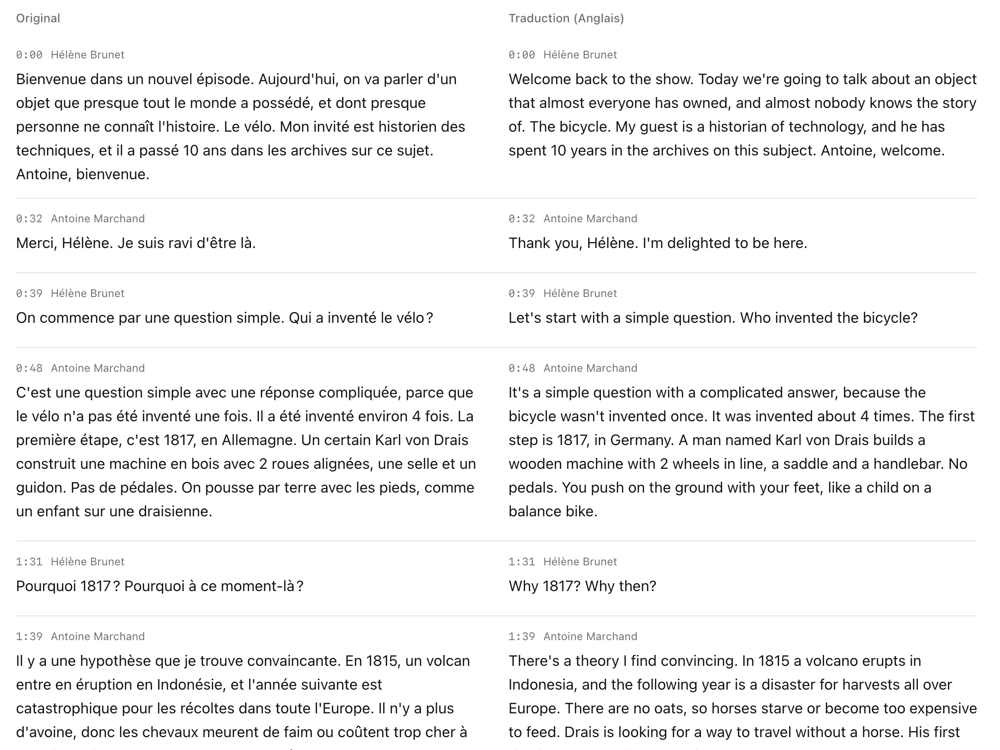 Une transcription en français et sa traduction en anglais, côte à côte dans Marden.