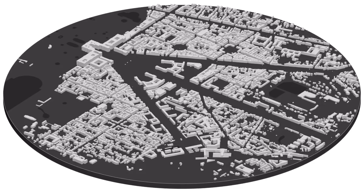 Carte en 3D du centre de Versailles, de ses avenues et de ses quartiers, chaque bâtiment à sa hauteur